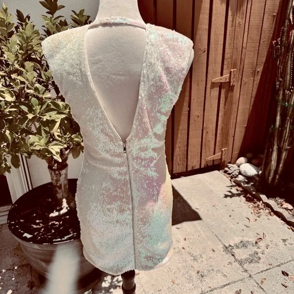 PETITE Sequin Shift Dress. Mini. Zipper Closure. - Picture 6 of 9